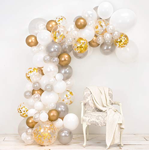 Book Cover Junibel Balloon Arch & Garland Kit | Pearl White, Chrome Gold Confetti & Silver | Glue Dots | Decorating Strip | Holiday, Wedding, Baby Shower, Graduation, Anniversary Organic DIY Party Decorations