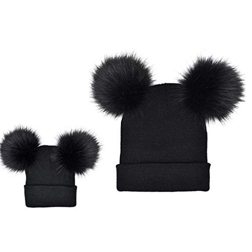 Tinffy Unisex-Adult 2Pcs Adult Kids Winter Warm Pom Pom Knitted Hat Beanie Cap Skullies & Beanies Black