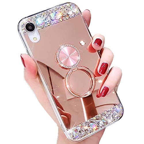 Book Cover SGVAHY Bling Case Compatible for iPhone Xs Max 6.5 Inch (2018)，Luxury Crystal Diamond Soft Rubber Glitter Rhinestone Mirror Case for Girls with Ring Stand (Rose Gold, iPhone Xs Max)