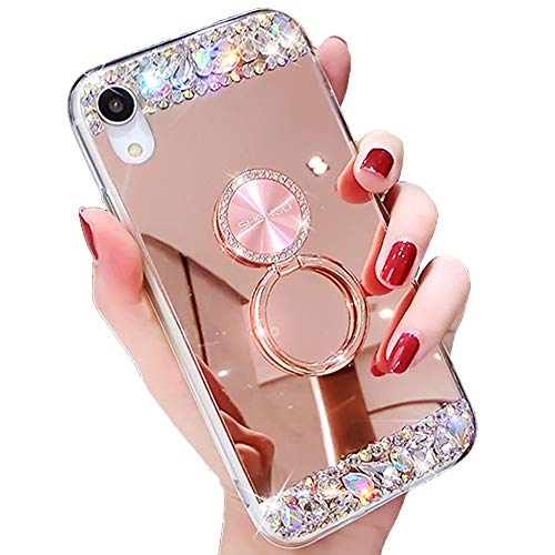 SGVAHY Bling Case Compatible for iPhone Xs Max 6.5 Inch (2018)，Luxury Crystal Diamond Soft Rubber Glitter Rhinestone Mirror Case for Girls with Ring Stand (Rose Gold, iPhone Xs Max)