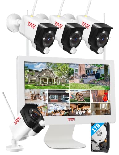 [2K&2 Way Audio&Dual WiFi] Tonton Wireless All-in-One Ultra HD Security Camera System with 16 Inch Monitor,10CH NVR with 1TB HDD,4PCS 3MP Outdoor Bullet IP Floodlight Cameras with PIR,Plug and Play