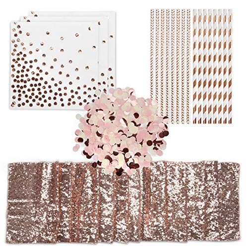 Elegant Occasions Rose Gold Party Supplies - Curated Event Decor Set with Sequin Table Runner, 100x Eco-Friendly Rose Gold Straws, Rose Gold Confetti Decorations and 50x Disposable Rose Gold Napkins
