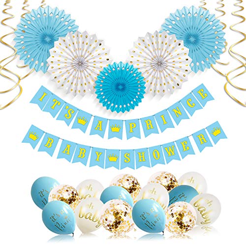 Its A Prince Baby Shower Decorations for Boy - 55 Piece Boys Baby Shower Decoration Blue/White/Gold/Rose Gold - Boy Baby Shower Banner, Balloons, Paper Fans, Gold Swirls Prince Theme by Xonara