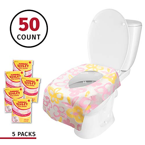 Book Cover Banana Basics Flushable Disposable Toilet Seat Cover (5 Packs, 10 Each) Kid-Friendly, X-Large Coverage | Promotes Proper Hygiene, Cleanliness | Reduce Germs, Messes | (Flowers, 50 Pack)