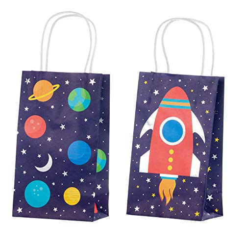 Book Cover Outer Space Galaxy Gift Bags - 24-Pack Kids Treat Bags with Handles, Paper Goodie Bags for Retail, Gifts, Party Favors, 2 Assorted Designs with Silver Foil Accents, 9 x 5.3 x 3.15 Inches