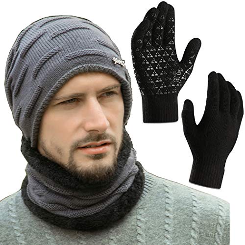 Winter Beanie Hat Circle Scarf Touchscreen Gloves Set for Men Boys Hats Knit Slouchy Thick Skull Cap