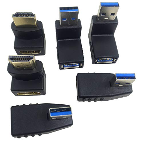 AFUNTA 4 Pcs USB 3.0 Adapter Plug Converter & 2 Pcs HDMI Male to Female Adapter, USB Connector Extension Adapter Right/Left / Up/Down Angle Adapter Plug Converter 90 & 270 Degree HDMI Connector