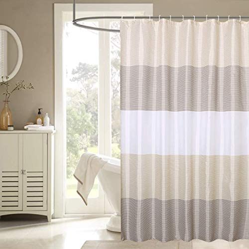 Book Cover Beige Brown Shower Curtain Sets for Bathroom Waterproof Striped Textile Liner with 12 Metal Rings, 72