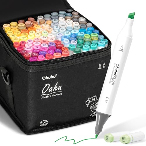 Ohuhu Alcohol Based Markers: 120-color AP Certificated Refillable Double Tipped Art Marker Set for Artist Designer Adults Coloring Illustration - Chisel and Fine Dual Tips - Oahu of Ohuhu Markers