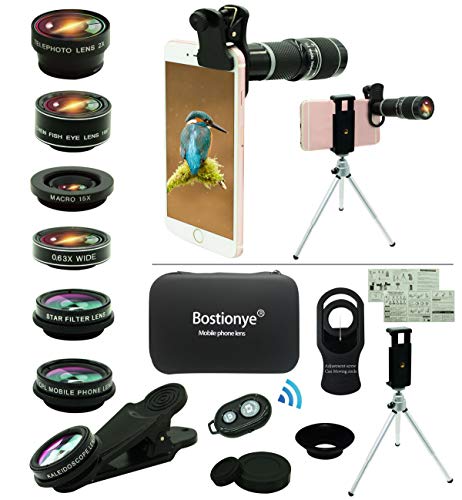 Cell Phone Camera Lens Kit,11 in 1 Universal 20x Zoom Telephoto Lens,0.63Wide Angle+15X Macro+198°Fisheye+2X Telephoto+Kaleidoscope+CPL/Starlight/Eyemask/Tripod/Remote,for Most Smartphone (Black)