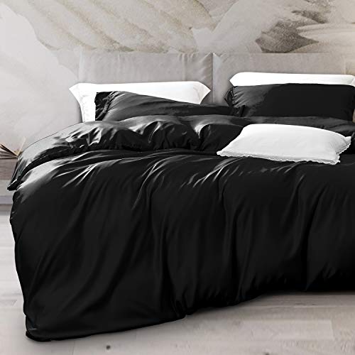 Book Cover NTBAY 3 Pieces Silky Satin Queen Duvet Cover Set, Ultra Luxury and Soft Solid Color with Hidden Zipper Design Comforter Cover, Black