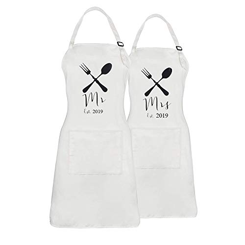 KMCH Mr & Mrs 2019 KitchenWedding Newlywed Couples Aprons Funny Kitchen Cooking Bibs Gifts His and Hers Sets (2pieces) â€¦