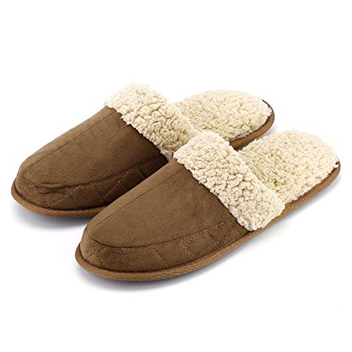 K KomForme Slippers for Men, Plush Fleece Warm Indoor Slippers Memory Foam House Shoes Brown and White