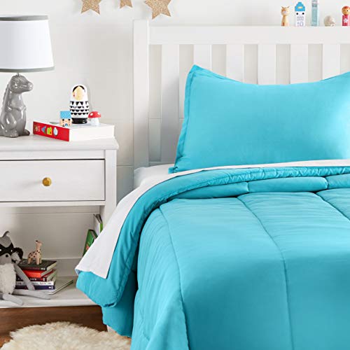 Book Cover Amazon Basics Easy-Wash Microfiber Kid's Comforter and Pillow Sham Set - Twin, Bright Aqua