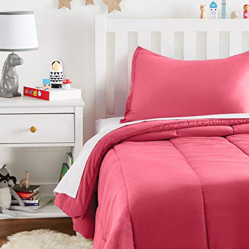 Amazon Basics Easy-Wash Microfiber Kid's Comforter and Pillow Sham Set - Twin, Hot Pink