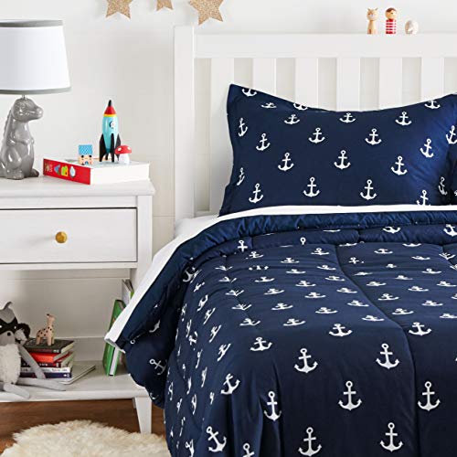 Book Cover Amazon Basics Kid's Comforter Set - Soft, Easy-Wash Microfiber - Twin, White Anchors