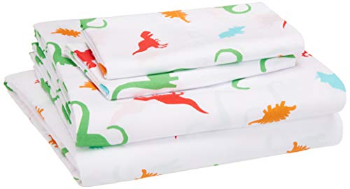 Book Cover Amazon Basics Kid's Sheet Set - Soft, Easy-Wash Lightweight Microfiber - Queen, Multi-Color Dinosaurs