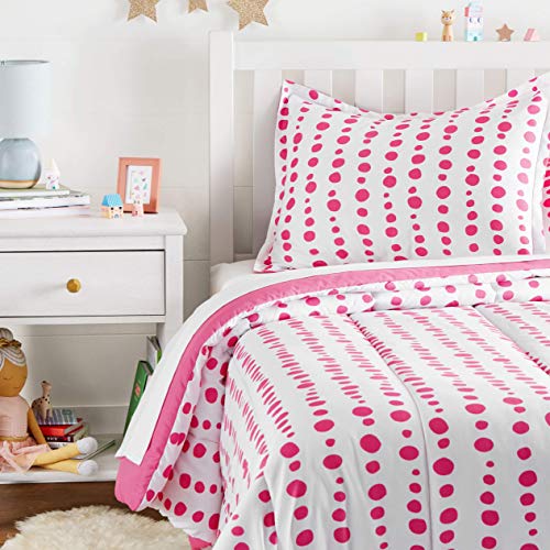 Book Cover Amazon Basics Kid's Comforter Set - Soft, Easy-Wash Microfiber - Twin, Pink Dotted Line