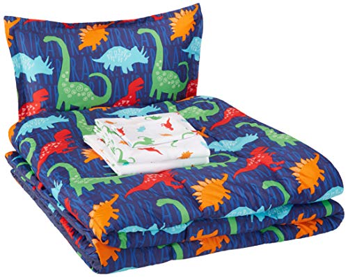 Book Cover AmazonBasics Easy Care Super Soft Microfiber Kid's Bed-in-a-Bag Bedding Set - Twin, Multi-Color Dinosaurs