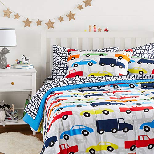 Book Cover Amazon Basics Easy Care Super Soft Microfiber Kid's Bed-in-a-Bag Bedding Set - Full / Queen, Multi-Color Racing Cars
