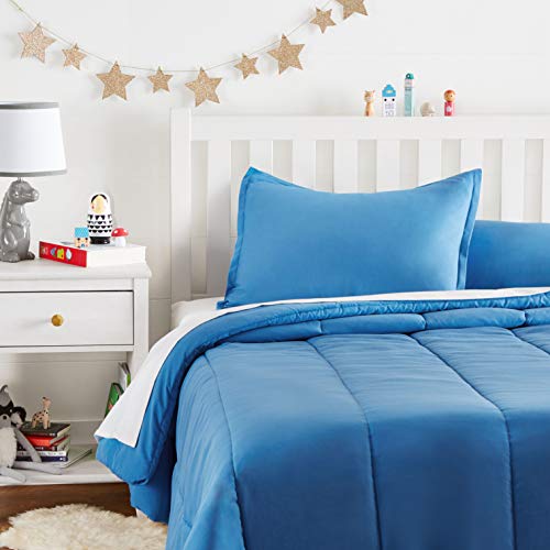 Amazon Basics Kid's Comforter Set - Soft, Easy-Wash Microfiber - Full/Queen, Azure Blue