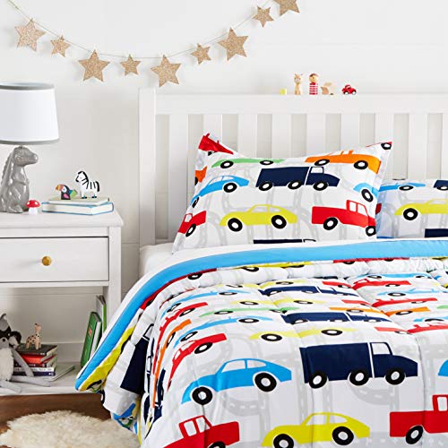 Book Cover Amazon Basics Kid's Comforter Set - Soft, Easy-Wash Microfiber - Full/Queen, Multi-Color Racing Cars