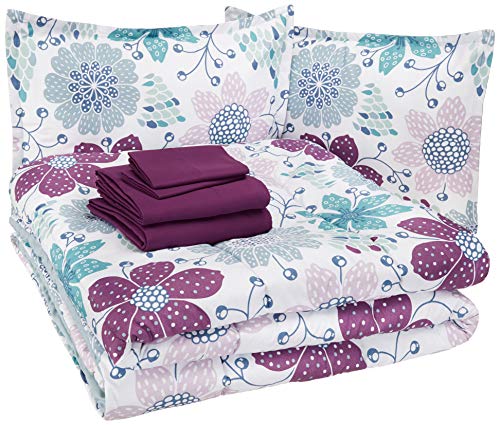 Book Cover AmazonBasics Easy Care Super Soft Microfiber Kid's Bed-in-a-Bag Bedding Set - Full / Queen, Purple Flowers