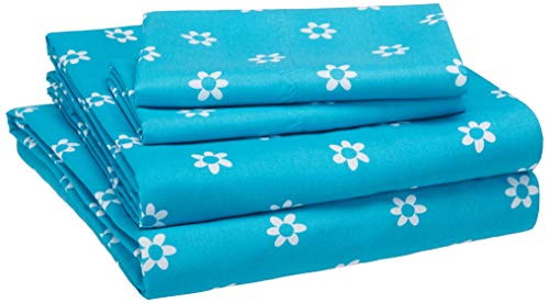 Book Cover Amazon Basics Kid's Sheet Set - Soft, Easy-Wash Lightweight Microfiber - Full, Blue Flowers