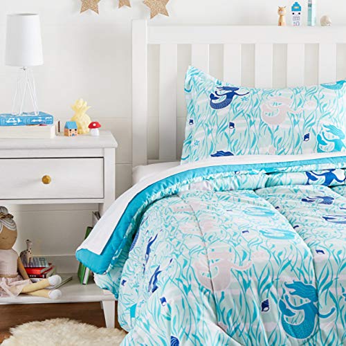 Book Cover Amazon Basics Kid's Comforter Set - Soft, Easy-Wash Microfiber - Twin, Blue Mermaids