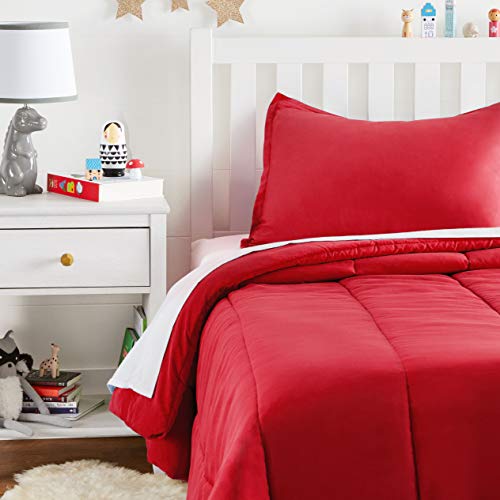 Book Cover Amazon Basics Easy-Wash Microfiber Kid's Comforter and Pillow Sham Set - Twin, Red