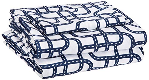 AmazonBasics Kid's Sheet Set - Soft, Easy-Wash Lightweight Microfiber - Twin, Blue Racetrack