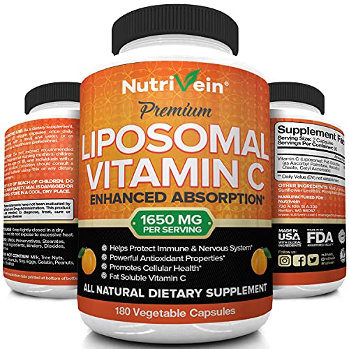 Nutrivein Liposomal Vitamin C 1650mg - 180 Capsules - High Absorption Ascorbic Acid - Supports Immune System and Collagen Booster - Powerful Antioxidant High Dose Fat Soluble Supplement