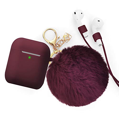 Book Cover Airpods Case - BlUEWIND Drop Proof Air Pods Protective Case Cover Silicone Skin for Apple Airpods 2 & 1 Charging Case, Cute Fur Ball Airpods Keychain/Strap, Burgundy