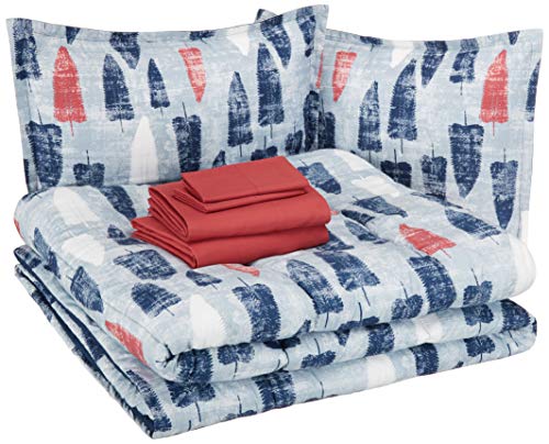 AmazonBasics Easy Care Super Soft Microfiber Kid's Bed-in-a-Bag Bedding Set - Full / Queen, Red and Blue Feathers