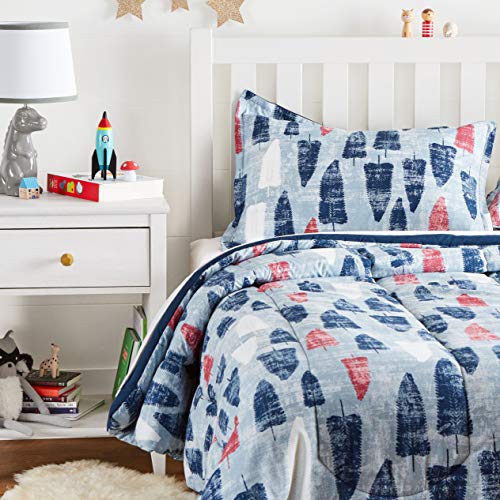 Book Cover Amazon Basics Kid's Comforter Set - Soft, Easy-Wash Microfiber - Twin, Blue and Red Feathers