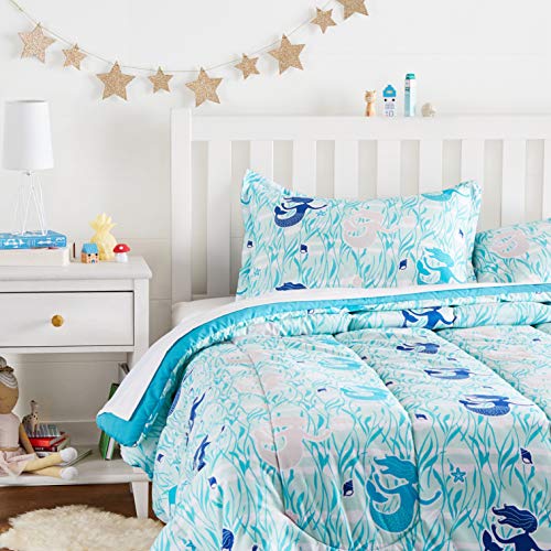 Book Cover Amazon Basics Kid's Comforter Set - Soft, Easy-Wash Microfiber - Full/Queen, Blue Mermaids
