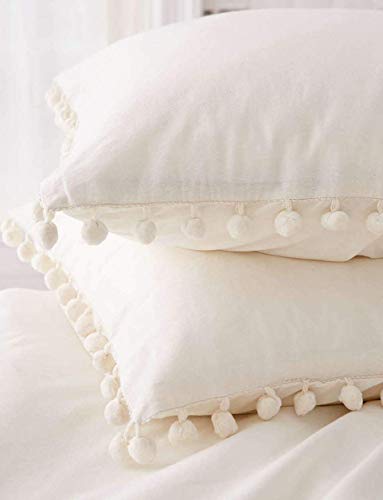 Book Cover White Pom Pom Fringed Pillowcases Pillow Covers,19.7in x35.5in,Set of 2 (King)