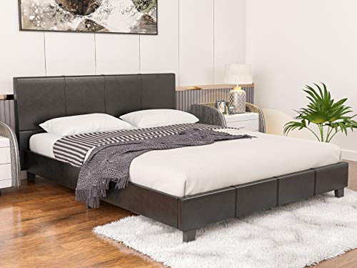 mecor Black Queen Bed Frame - Faux Leather Upholstered Platform Bed with Headboard - No Box Spring Needed - for Adults Teens Children, Black-Queen Size