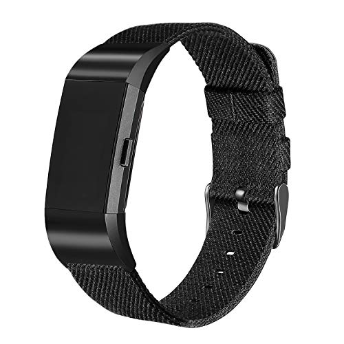Book Cover bayite Canvas Bands Compatible with Fitbit Charge 2, Soft Classic Replacement Wristband Straps Women Men, Black with Black Connector Large