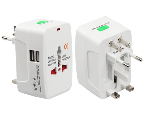 Universal Travel Plug Adapter, All in One Worldwide Universal Wall Charger AC Power Plug with 2 USB Charging Ports for EU, US, UK and AU - White