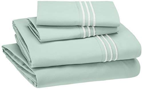 Book Cover Amazon Basics Easy-Wash Embroidered Hotel Stitch 120 GSM Sheet Set - Full, Seafoam Green