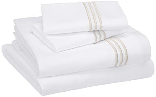 Book Cover Amazon Basics Easy-Wash Embroidered Hotel Stitch 120 GSM Sheet Set - California King, Embroidered Taupe