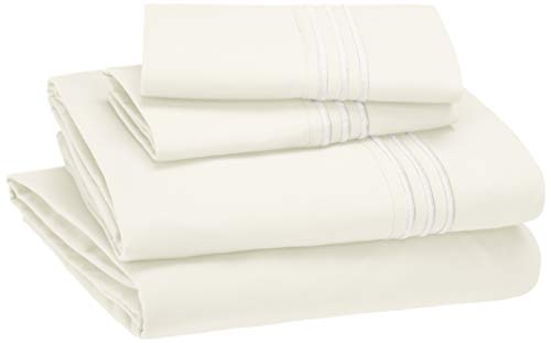 Book Cover Amazon Basics Easy-Wash Embroidered Hotel Stitch 120 GSM Sheet Set - Full, Off-White