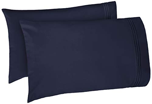 Book Cover Amazon Basics Easy-Wash Embroidered Hotel Stitch Pillowcase Set - Standard, Navy Blue