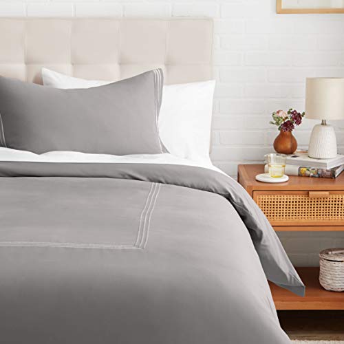 Book Cover Amazon Basics Embroidered Hotel Stitch Duvet Cover Set - Soft, Easy-Wash Microfiber - Twin/Twin XL, Dark Grey