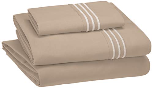 AmazonBasics Premium, Easy-Wash Embroidered Hotel Stitch 120 GSM Sheet Set - Queen, Dusty Blue