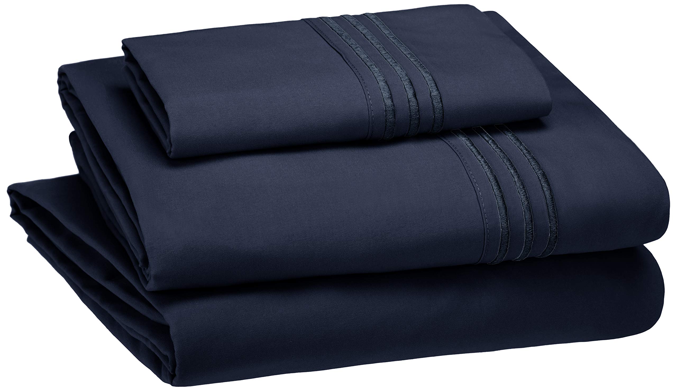 Book Cover Amazon Basics Easy-Wash Embroidered Hotel Stitch 120 GSM Sheet Set - Twin, Navy Blue Navy Blue Twin Sheet Set
