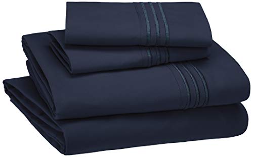 Book Cover Amazon Basics Easy-Wash Embroidered Hotel Stitch 120 GSM Sheet Set - King, Navy Blue