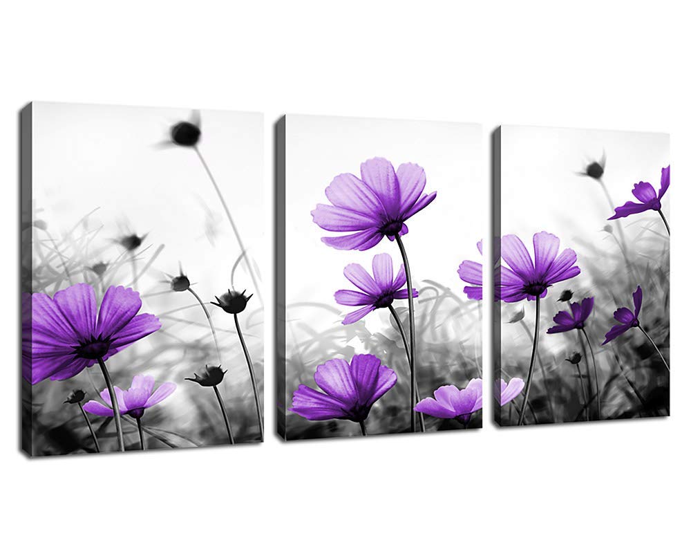 Flowers Wall Art Canvas Pictures Purple Wildflowers Black and White Background 3 Piece Canvas Art Blossom Contemporary Artwork for Home Decoration Office Kitchen Wall Decor 12"x 16" x 3 Panels (12" x 16") each x 3PCS Purple Wild Flower