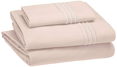 Book Cover Amazon Basics Easy-Wash Embroidered Hotel Stitch 120 GSM Sheet Set - Twin, Blush Pink